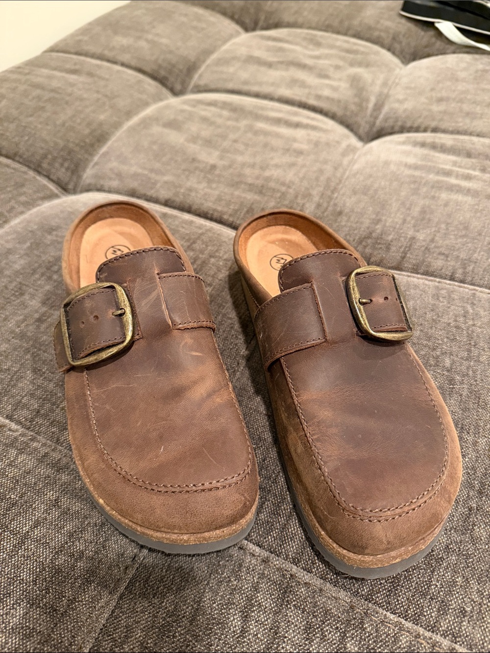White Mountain Brown Leather Slip-On Clogs with Buckle Accent